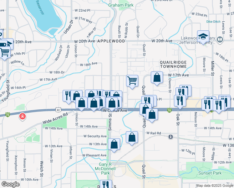 map of restaurants, bars, coffee shops, grocery stores, and more near 1651 Routt Street in Lakewood