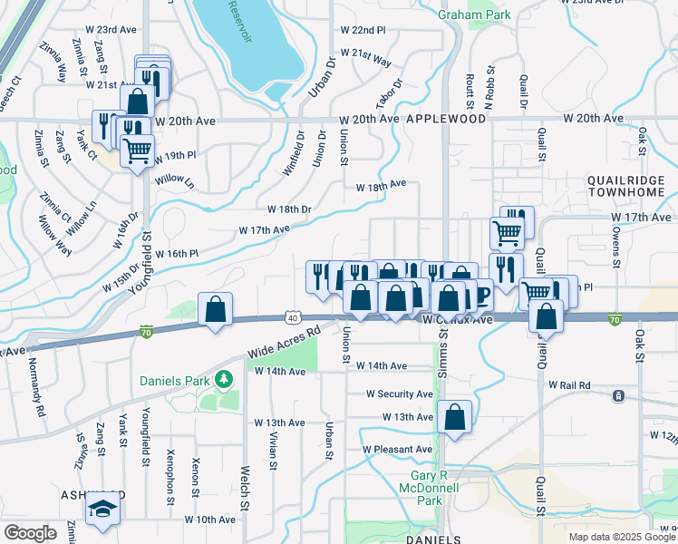map of restaurants, bars, coffee shops, grocery stores, and more near 1680 Urban Street in Lakewood