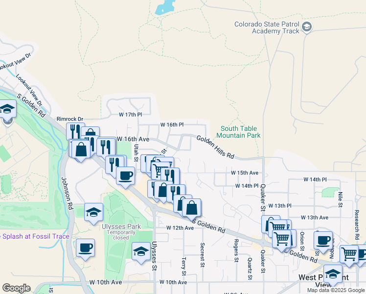 map of restaurants, bars, coffee shops, grocery stores, and more near 17130 Golden Hills Place in Golden