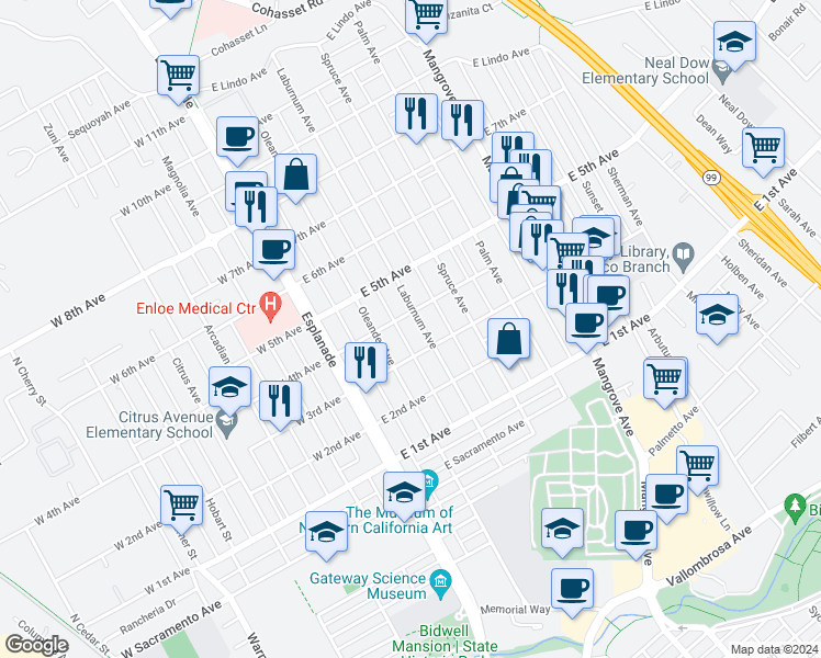 map of restaurants, bars, coffee shops, grocery stores, and more near 1407 Laburnum Avenue in Chico