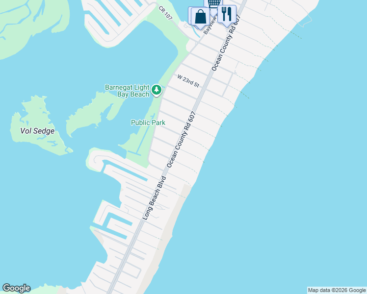 map of restaurants, bars, coffee shops, grocery stores, and more near 2 East 27th Street in Barnegat Light