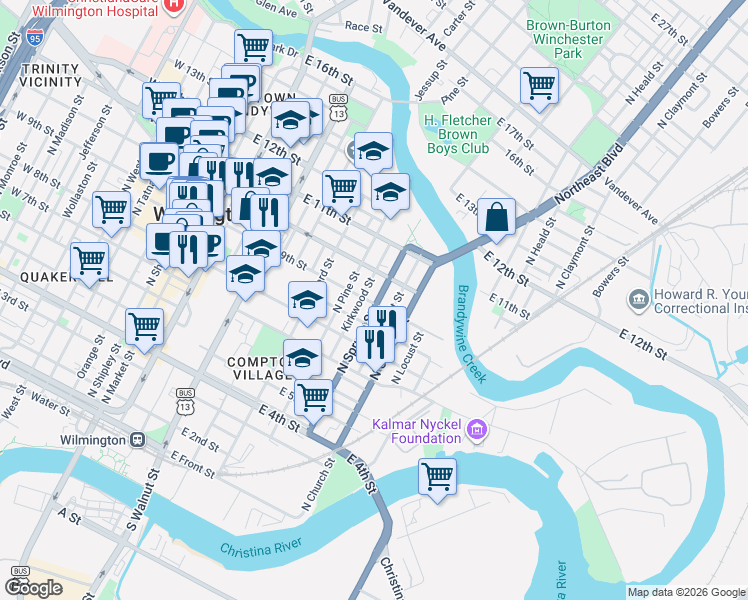 map of restaurants, bars, coffee shops, grocery stores, and more near in Wilmington