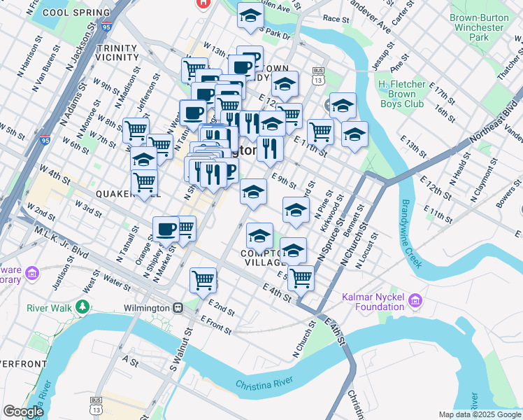 map of restaurants, bars, coffee shops, grocery stores, and more near 800 North Walnut Street in Wilmington