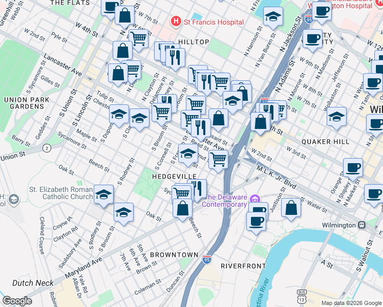 map of restaurants, bars, coffee shops, grocery stores, and more near in Wilmington