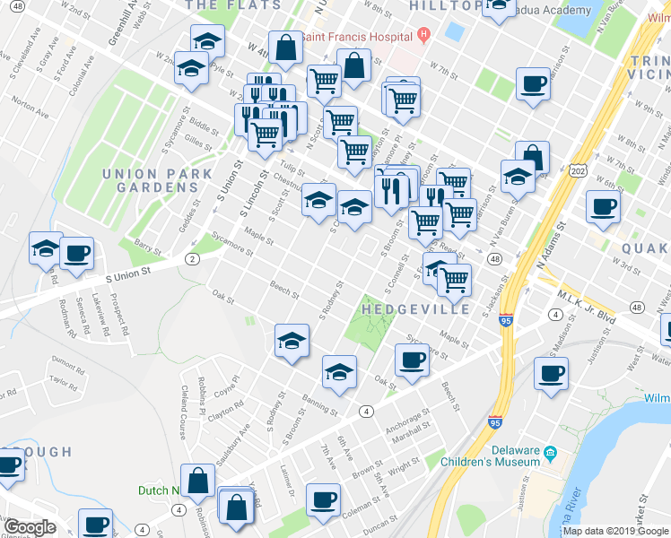 map of restaurants, bars, coffee shops, grocery stores, and more near 351-499 South Clayton Street in Wilmington