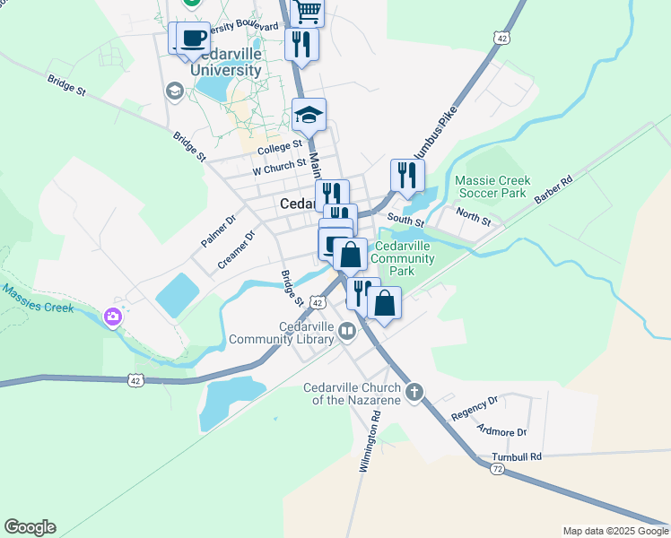 map of restaurants, bars, coffee shops, grocery stores, and more near 32 West Cedar Street in Cedarville