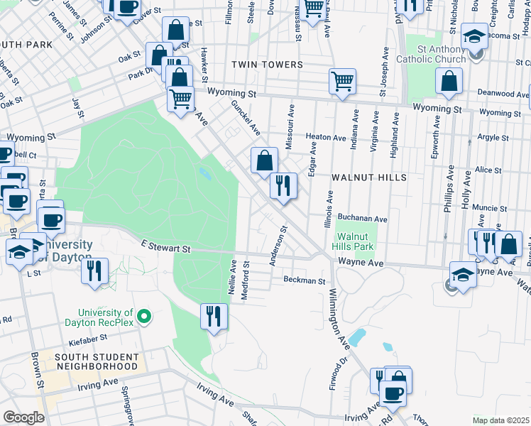 map of restaurants, bars, coffee shops, grocery stores, and more near 2000 Wayne Avenue in Dayton