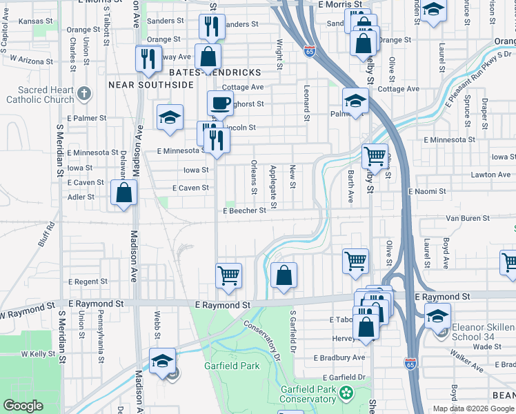 map of restaurants, bars, coffee shops, grocery stores, and more near 1849 Orleans Street in Indianapolis
