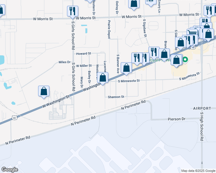 map of restaurants, bars, coffee shops, grocery stores, and more near 7000 West Washington Street in Indianapolis