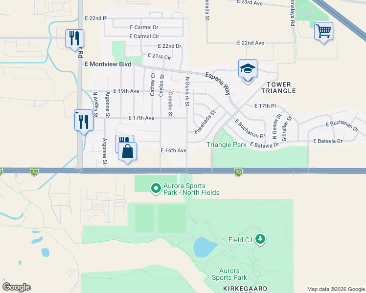 map of restaurants, bars, coffee shops, grocery stores, and more near 1601 North Dunkirk Street in Aurora