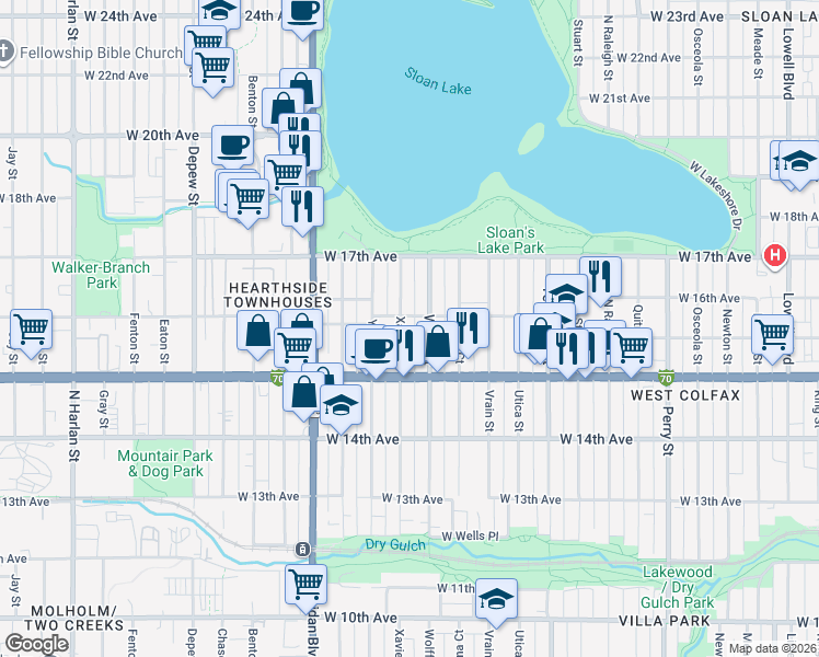 map of restaurants, bars, coffee shops, grocery stores, and more near 1616 Xavier Street in Denver