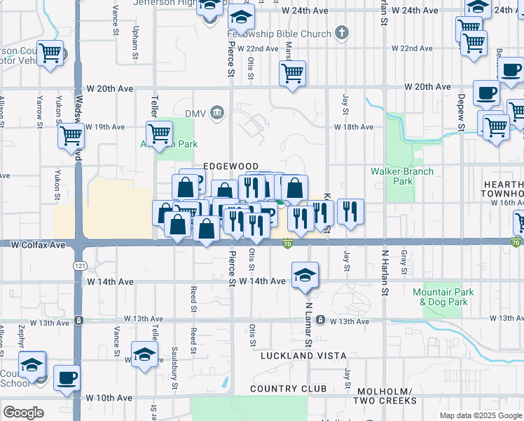 map of restaurants, bars, coffee shops, grocery stores, and more near in Lakewood