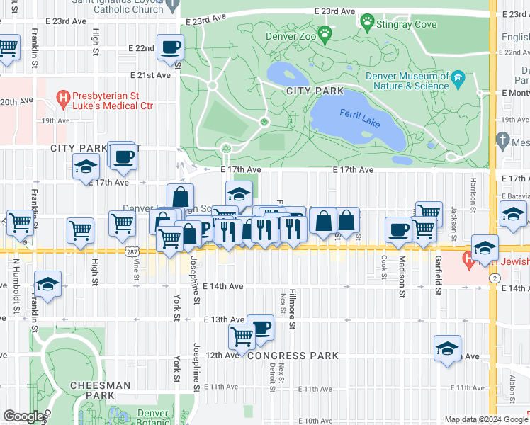 map of restaurants, bars, coffee shops, grocery stores, and more near 1588 Detroit Street in Denver