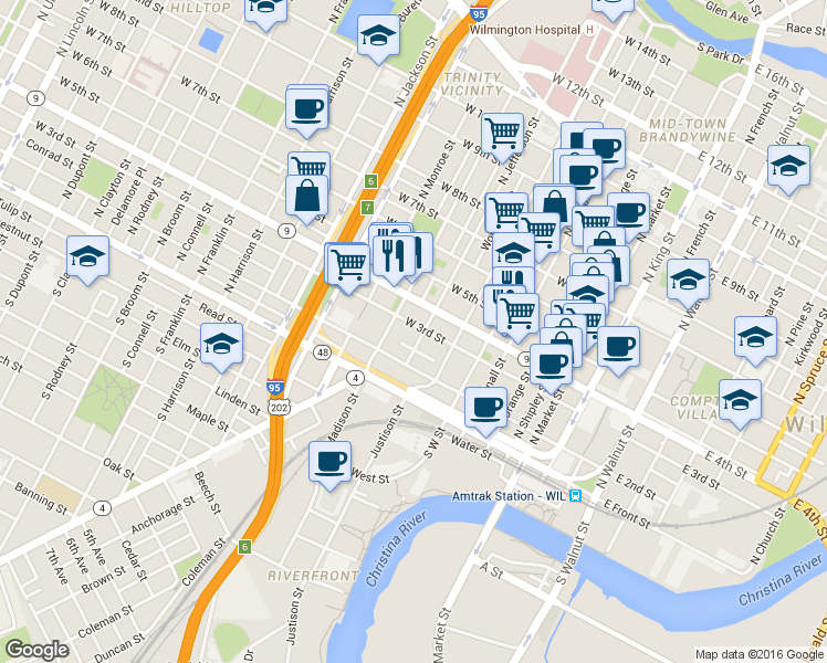map of restaurants, bars, coffee shops, grocery stores, and more near 606 West 3rd Street in Wilmington