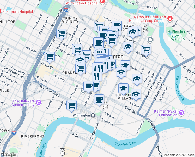 map of restaurants, bars, coffee shops, grocery stores, and more near 519 North Market Street in Wilmington