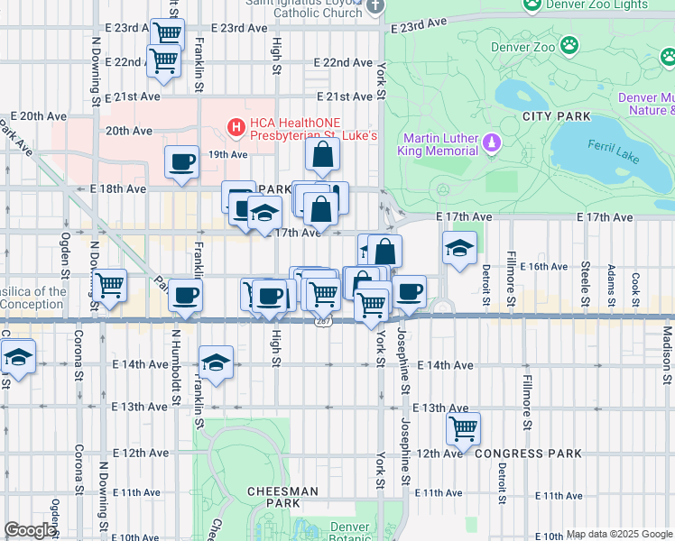 map of restaurants, bars, coffee shops, grocery stores, and more near 1645 Vine Street in Denver