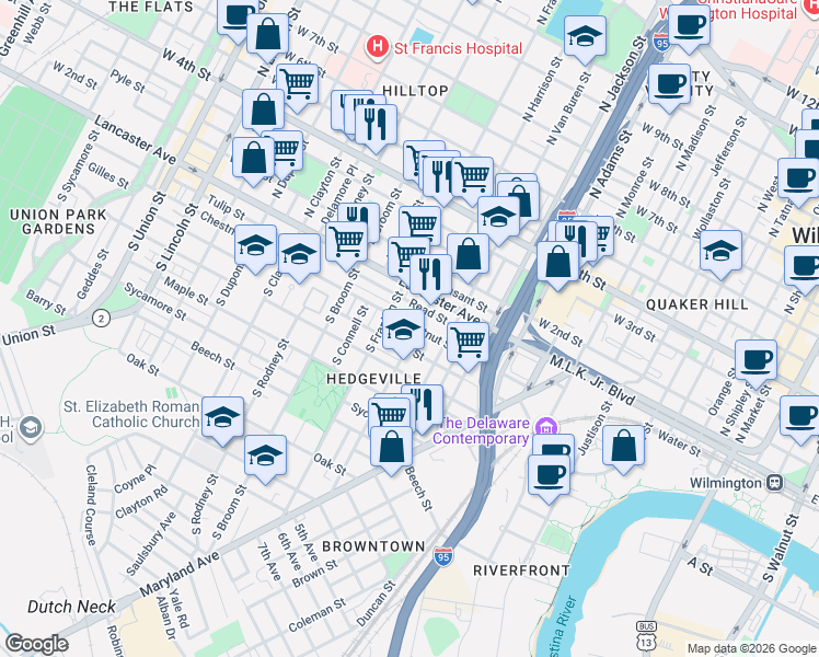 map of restaurants, bars, coffee shops, grocery stores, and more near in Wilmington