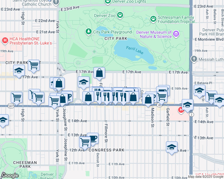 map of restaurants, bars, coffee shops, grocery stores, and more near 3000 East 16th Avenue in Denver