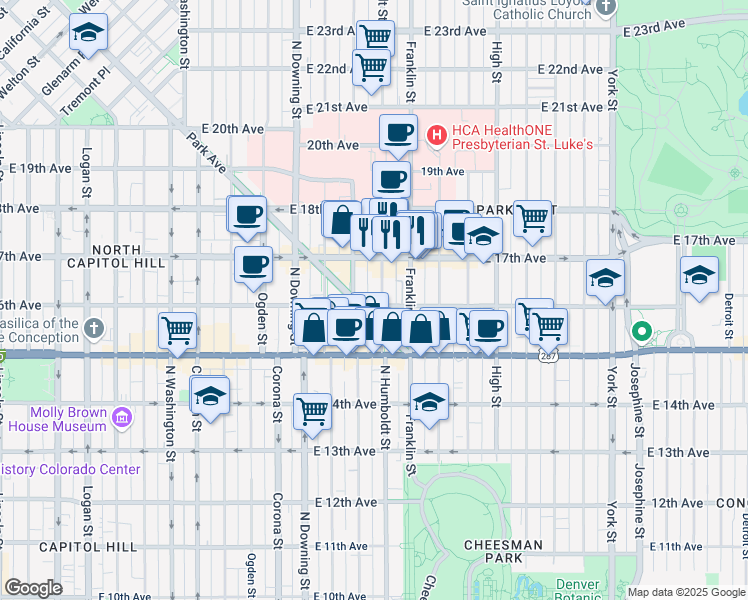 map of restaurants, bars, coffee shops, grocery stores, and more near in Denver