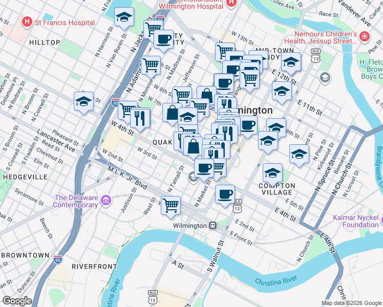 map of restaurants, bars, coffee shops, grocery stores, and more near 307 West 5th Street in Wilmington