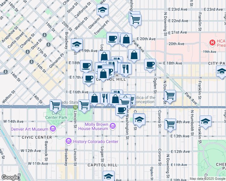 map of restaurants, bars, coffee shops, grocery stores, and more near 1644 Pennsylvania Street in Denver