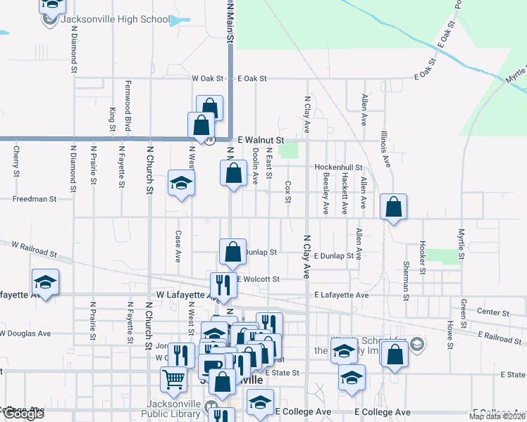 map of restaurants, bars, coffee shops, grocery stores, and more near 800-866 North East Street in Jacksonville