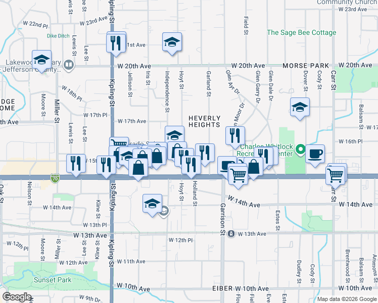 map of restaurants, bars, coffee shops, grocery stores, and more near 1660 Hoyt Street in Lakewood