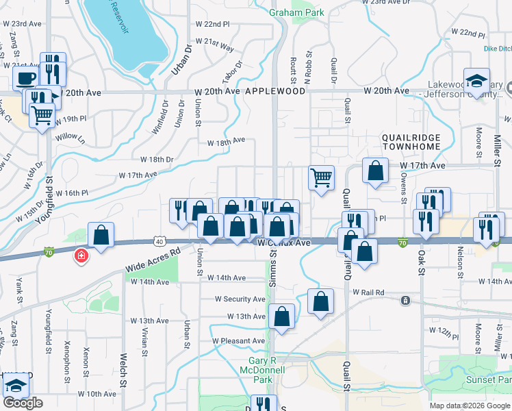 map of restaurants, bars, coffee shops, grocery stores, and more near 11690 West 16th Avenue in Denver