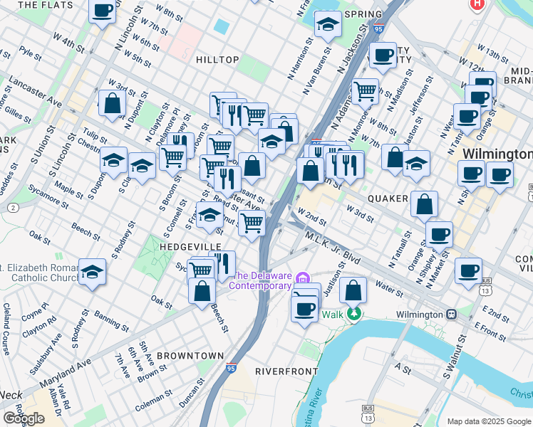 map of restaurants, bars, coffee shops, grocery stores, and more near 4 North Jackson Street in Wilmington