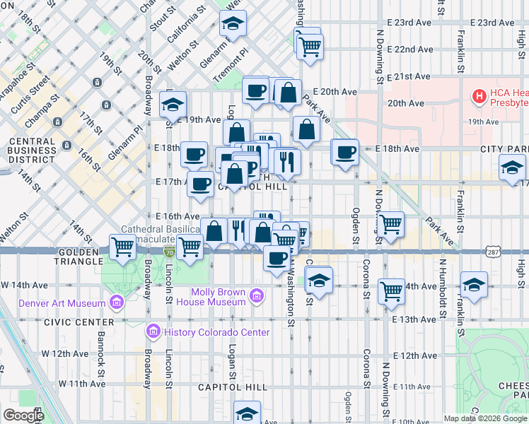map of restaurants, bars, coffee shops, grocery stores, and more near 1601 Pearl Street in Denver