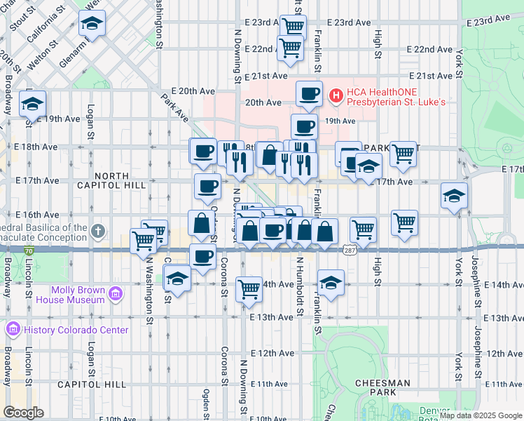 map of restaurants, bars, coffee shops, grocery stores, and more near 1655 North Lafayette Street in Denver