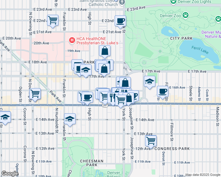 map of restaurants, bars, coffee shops, grocery stores, and more near 1652 North Gaylord Street in Denver