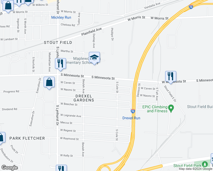 map of restaurants, bars, coffee shops, grocery stores, and more near West Caven Street in Indianapolis