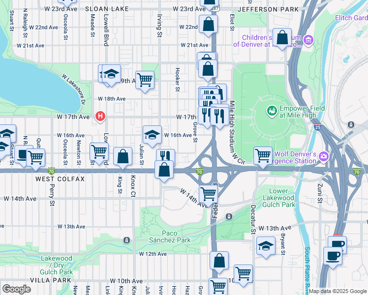 map of restaurants, bars, coffee shops, grocery stores, and more near 3131 West Conejos Place in Denver