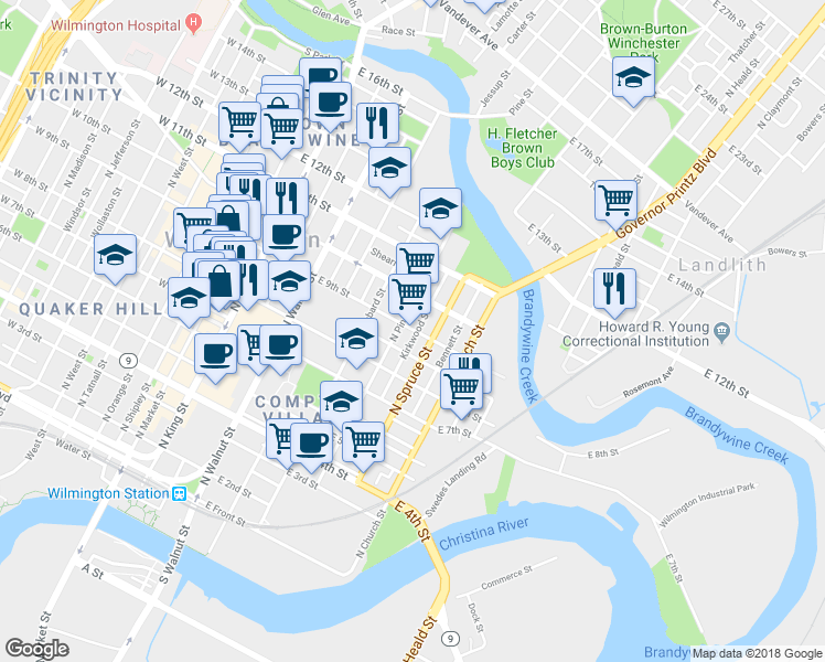map of restaurants, bars, coffee shops, grocery stores, and more near 857 Kirkwood St in Wilmington