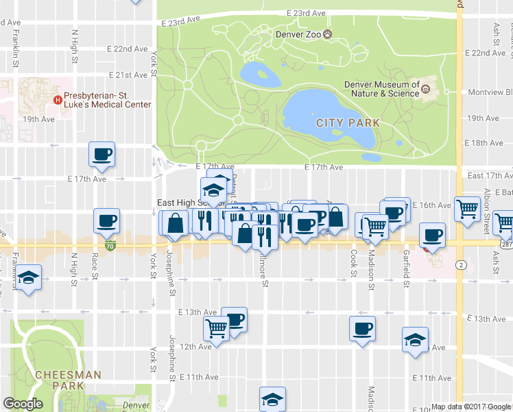 map of restaurants, bars, coffee shops, grocery stores, and more near 1633 Fillmore Street in Denver