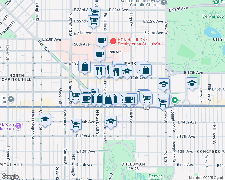 map of restaurants, bars, coffee shops, grocery stores, and more near 1644 Gilpin Street in Denver