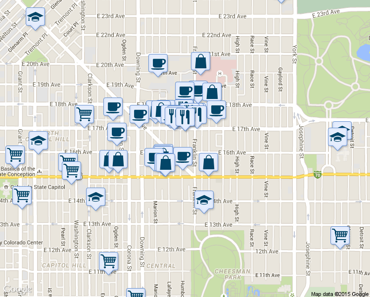 map of restaurants, bars, coffee shops, grocery stores, and more near in Denver