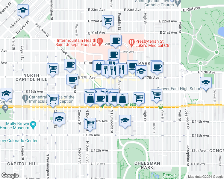 map of restaurants, bars, coffee shops, grocery stores, and more near in Denver