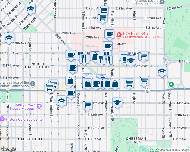 map of restaurants, bars, coffee shops, grocery stores, and more near 1655 North Lafayette Street in Denver