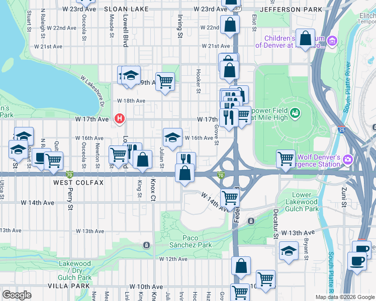 map of restaurants, bars, coffee shops, grocery stores, and more near 1578 Irving Street in Denver
