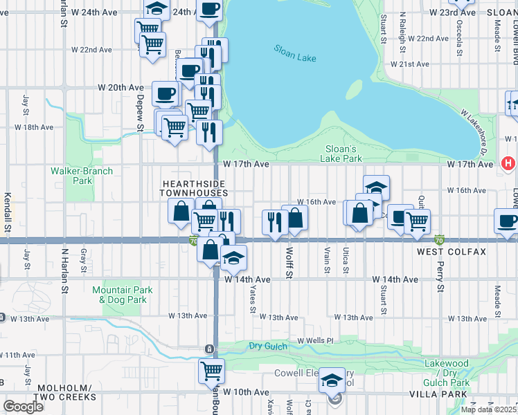 map of restaurants, bars, coffee shops, grocery stores, and more near 1625 Yates Street in Denver