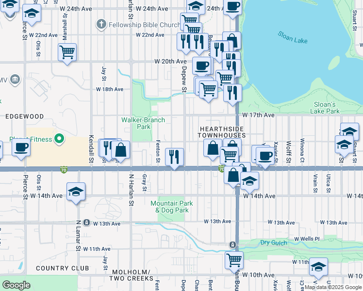 map of restaurants, bars, coffee shops, grocery stores, and more near 5631 West 16th Avenue in Denver