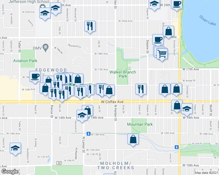 map of restaurants, bars, coffee shops, grocery stores, and more near 1603 North Harlan Street in Lakewood