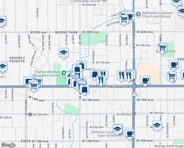 map of restaurants, bars, coffee shops, grocery stores, and more near 8220 West 16th Place in Lakewood