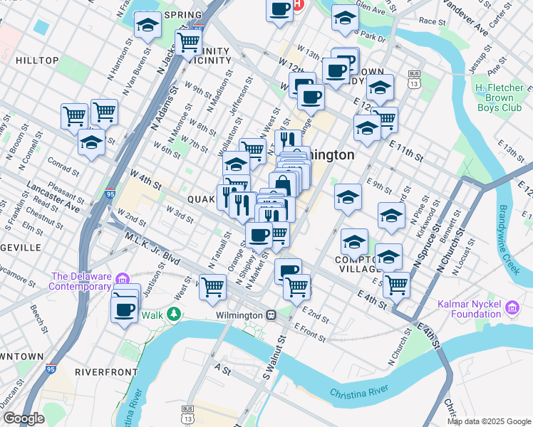 map of restaurants, bars, coffee shops, grocery stores, and more near 200 West 6th Street in Wilmington