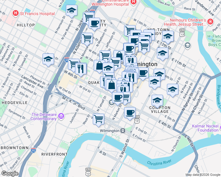 map of restaurants, bars, coffee shops, grocery stores, and more near 307 West 5th Street in Wilmington