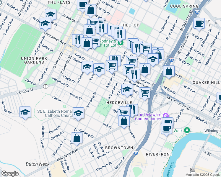 map of restaurants, bars, coffee shops, grocery stores, and more near 215 South Broom Street in Wilmington