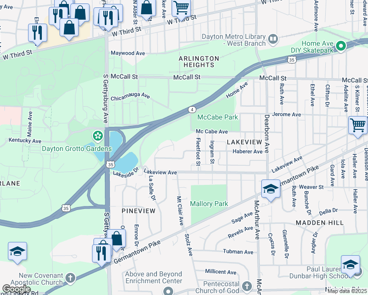 map of restaurants, bars, coffee shops, grocery stores, and more near 3325 Haberer Avenue in Dayton