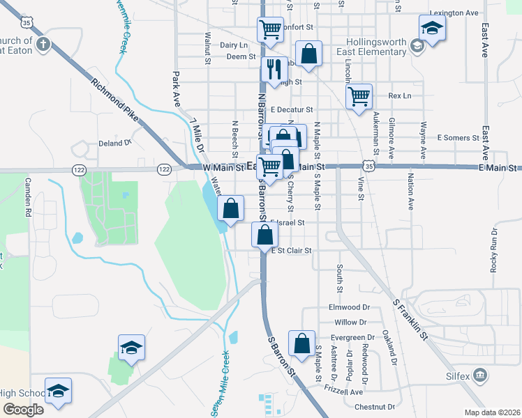 map of restaurants, bars, coffee shops, grocery stores, and more near 117 East Wadsworth Street in Eaton
